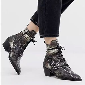 All Saints Katy snake effect leather print heeled lace up boot